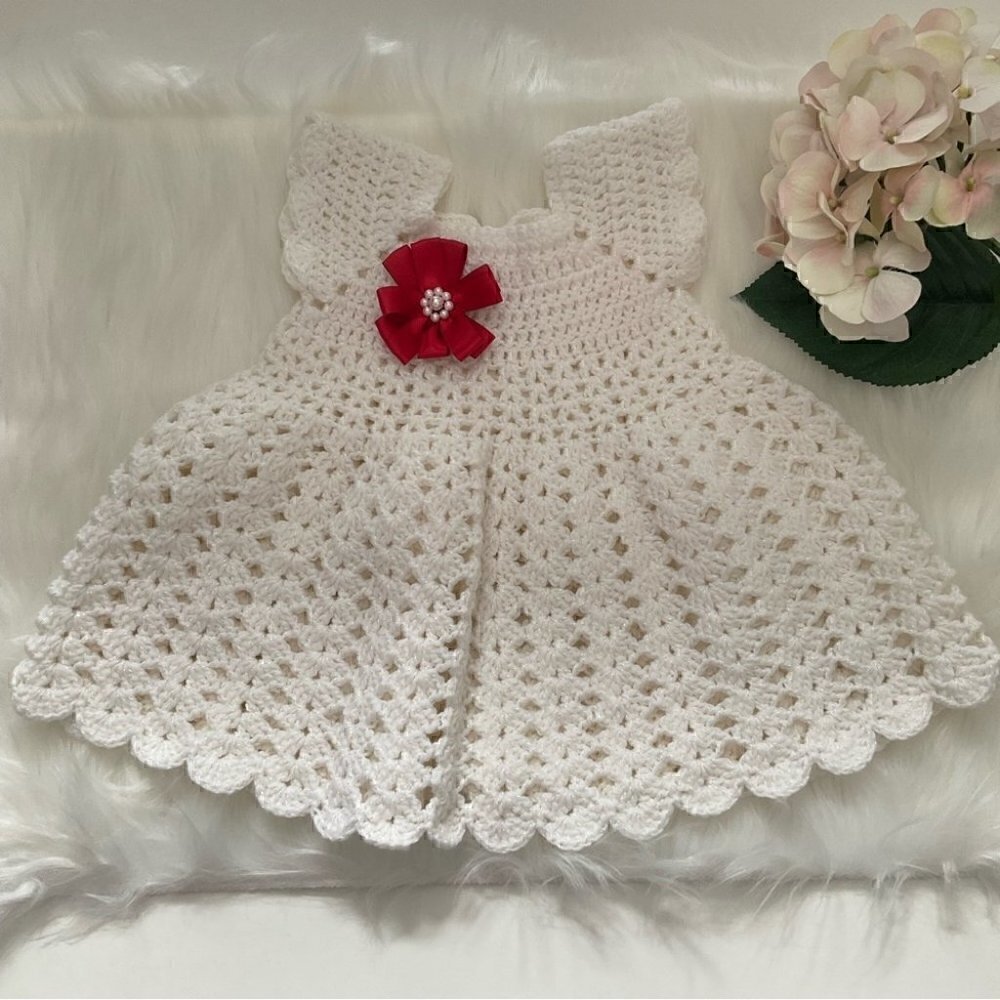 Handmade Crochet Adorable Baby Dress with red flower and  pearl accent